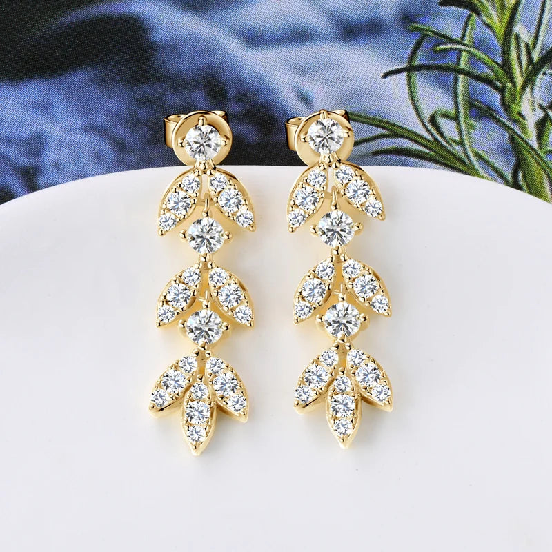 Silver Leaf-Shaped Drop Earrings with Moissanite ÉTOILÉ