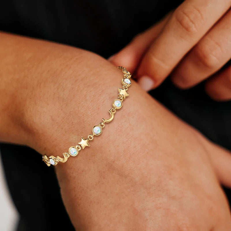 Silver Star and Moon Bracelet with White Opal ASTREL