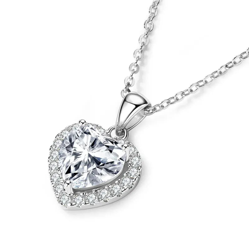 Silver Pendant Necklace with Heart Cut Moissanite MIRAVIA