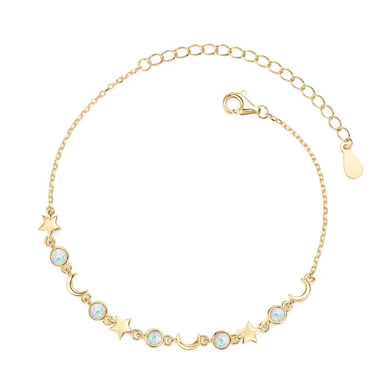 Silver Star and Moon Bracelet with White Opal ASTREL