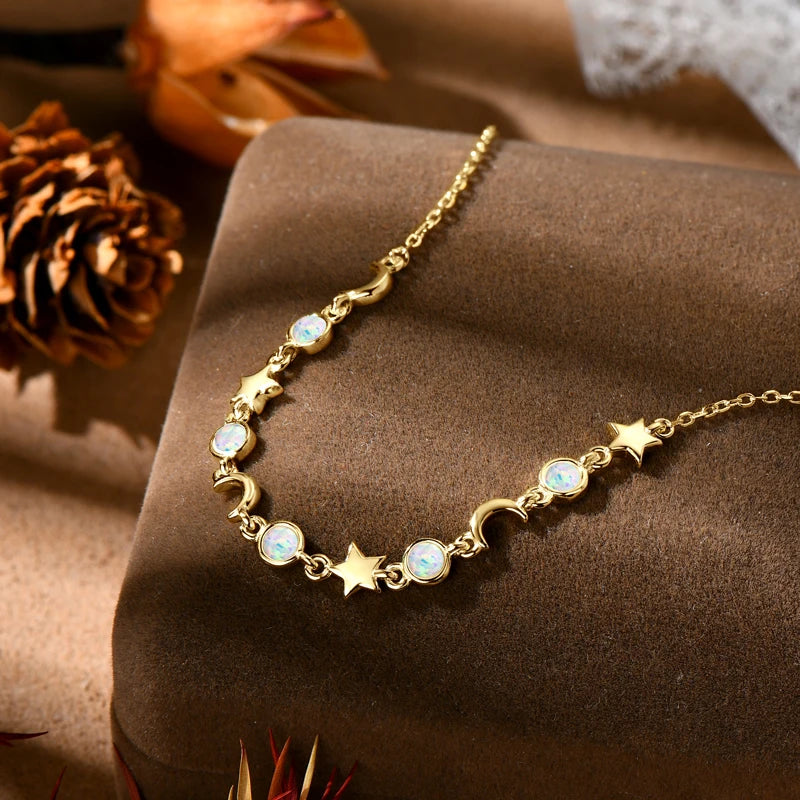 Silver Star and Moon Bracelet with White Opal ASTREL